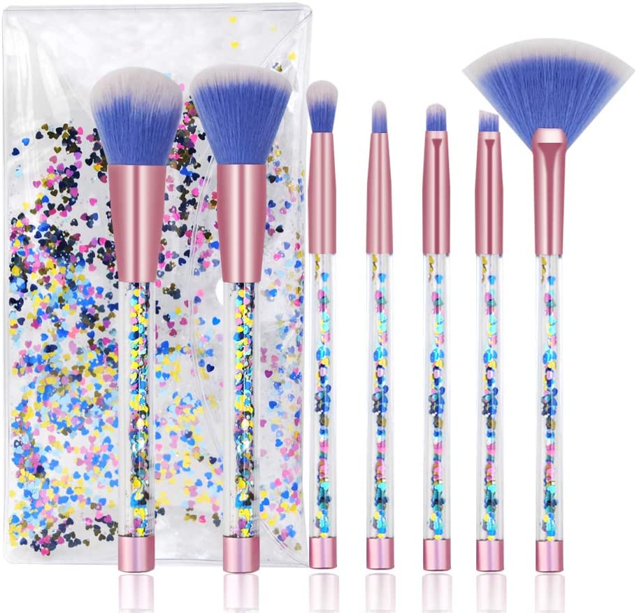 7pcs Cosmetic Beauty Fiber Synthetic Bristles Kabuki Quicksand Handle Shiny Blue Makeup Brush Kit