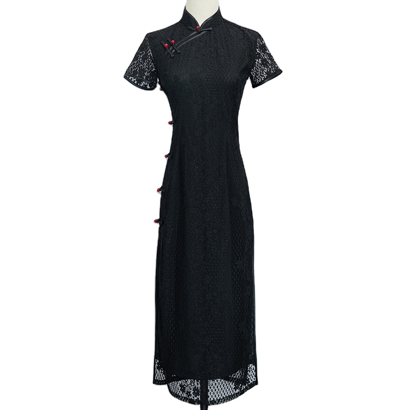 Composite Lace Chinese Traditional Dress Long Clothes Women Black Lace Cheongsam