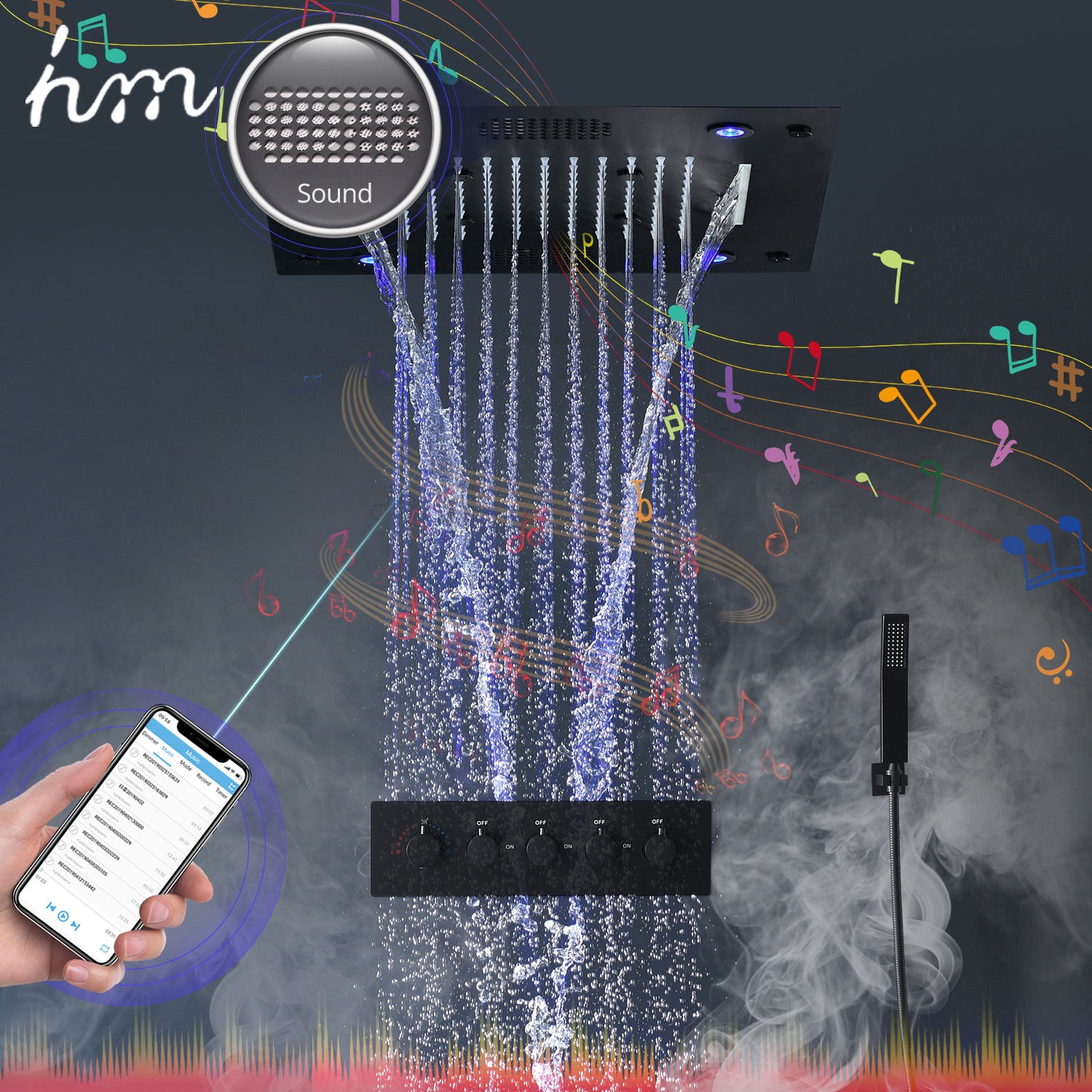 HM Stainless Steel Top Spray Led Light Colorful Music Shower Multifunction Bluetooth Bathroom Shower Mixer Sets Wall Mounted