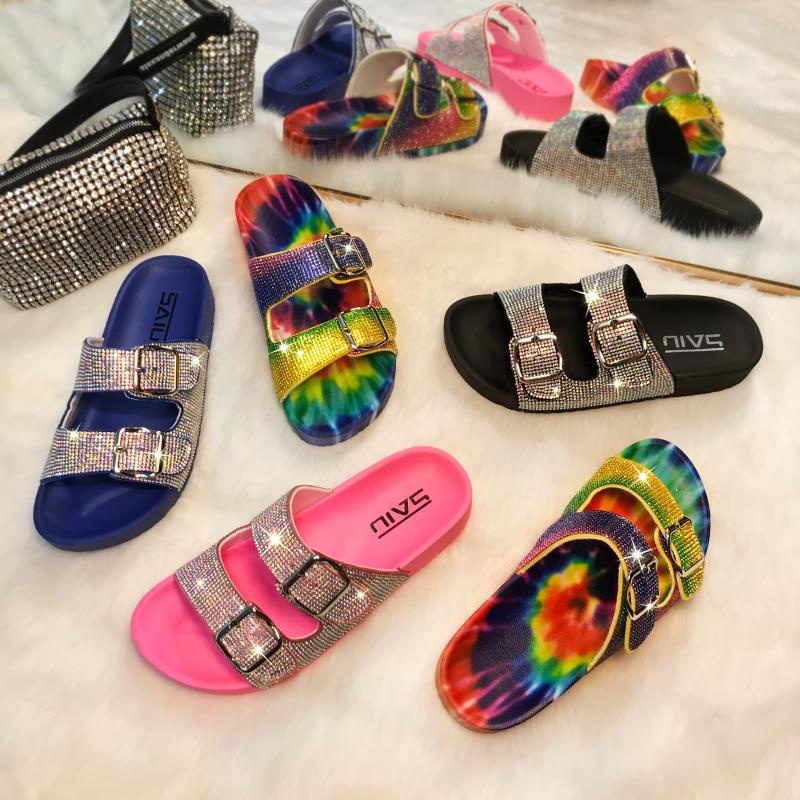women double strap with buckle sandals slides ladies beach diamond slippers fatia open toe two strap with buckle sandals