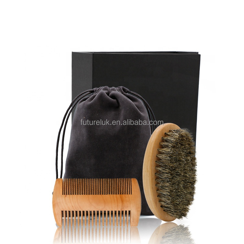 OEM Private Label Brush Comb Set Men's Face Hair Growth Boar Bristle Gift Set Portable Wooden Beard Mustache Brush And Comb Kit