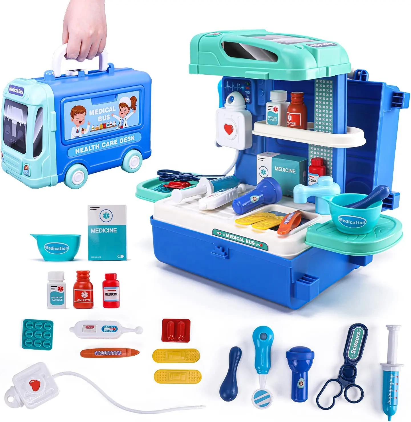 Hot Item 34pcs Pretend Play 3 IN 1 Bus Doctor Medical Bus Toys Kit Dental Bus Toys For Children