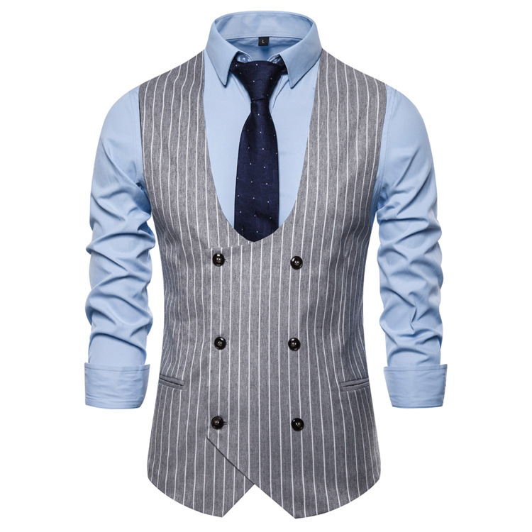 Men's Slim Fit Sleeveless Waistcoat Double Breasted Business U-neck Stripe Suit Vest
