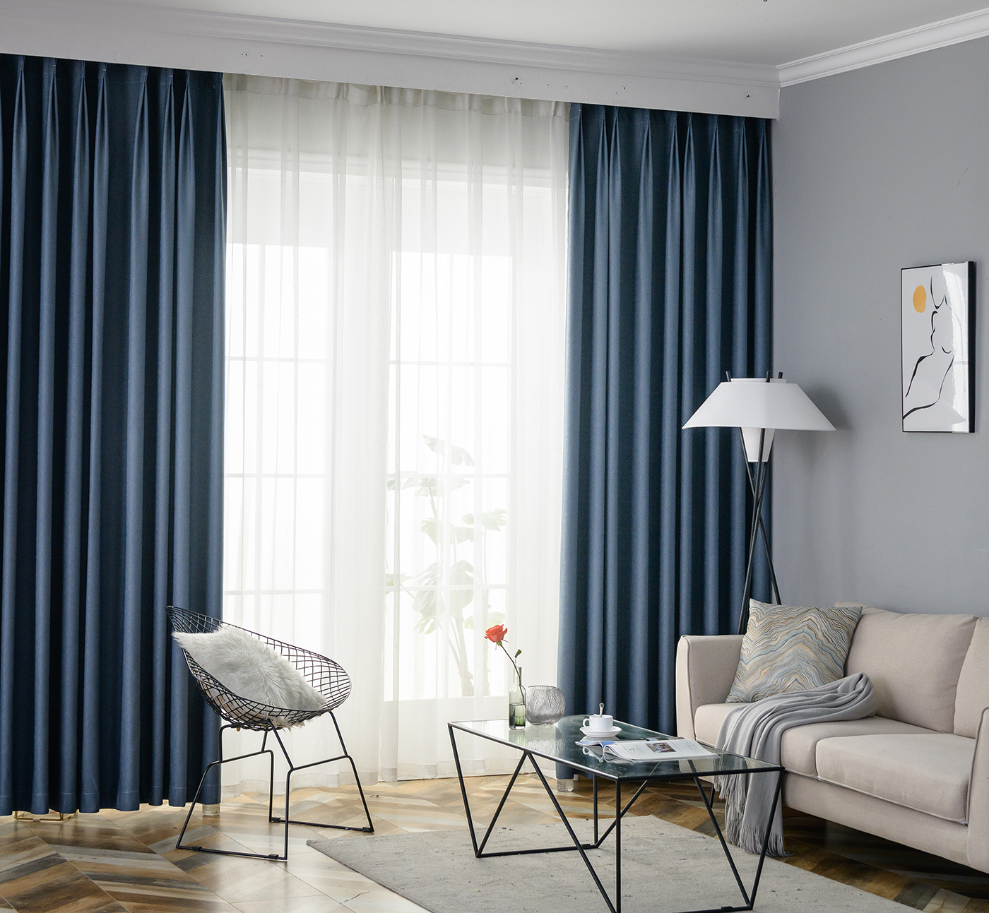 Navy blue 3 layers high shading Heat insulation high-precision jacquard blackout curtain