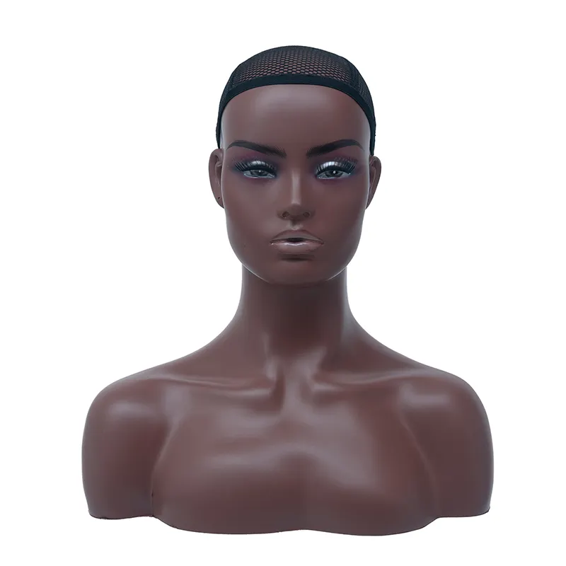 Wholesale Realistic Female Wig Display with Shoulder Hair Makeup smiling fiberglass Human Male African American Mannequin Head