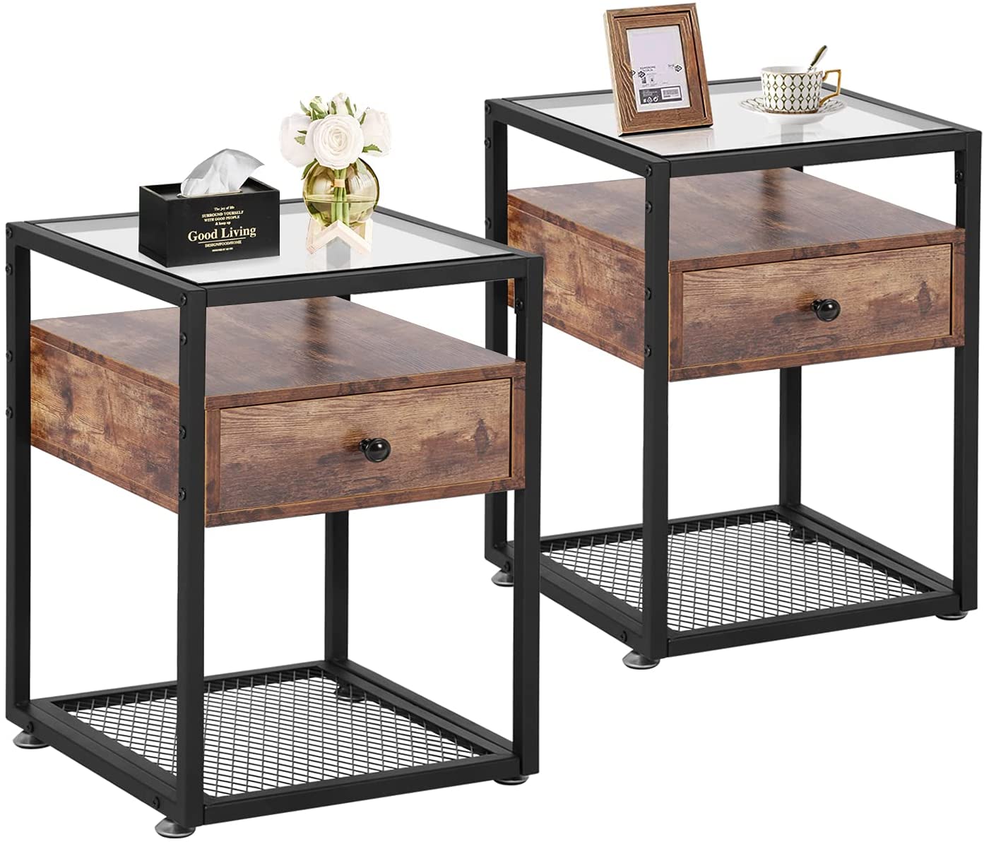 Fashion Nightstand Side Table Industrial Style End Table Cabinet with Drawer Shelf Decoration in Living Room Bedroom Lounge