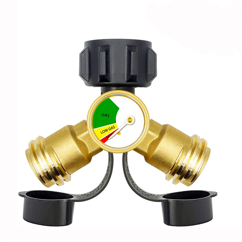 Propane Tank Y Splitter Adapter with Gauge and Shut-Off Valve for Camping Stoves, BBQ Grills, RV Camper