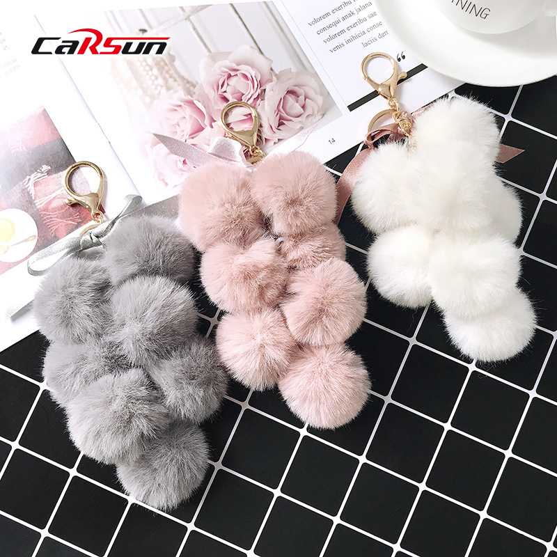 Key Chain Faux Rabbit Fur Pompom Grape Keychain Women Bag Pendant Ring Keychain Car Decoration Auto Accesorios Key Chain