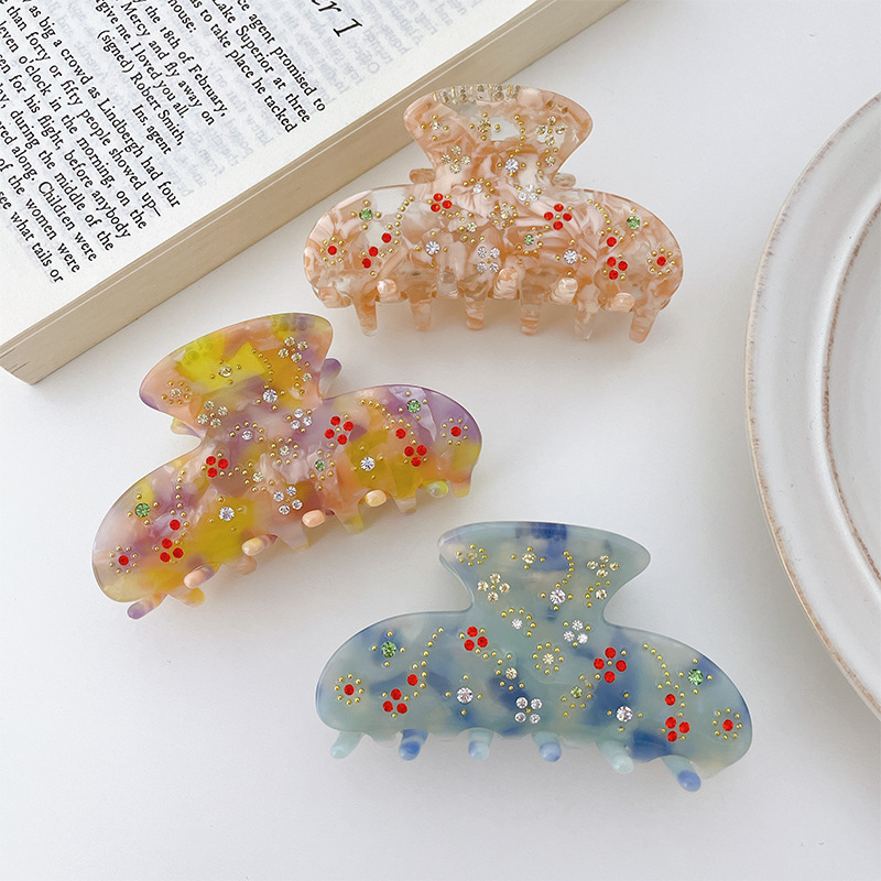 French Retro Acetate Hair Clamb 7.8cm Medium Size Fashionable Hair Clips Colorful Crystal Hair Claw For Women