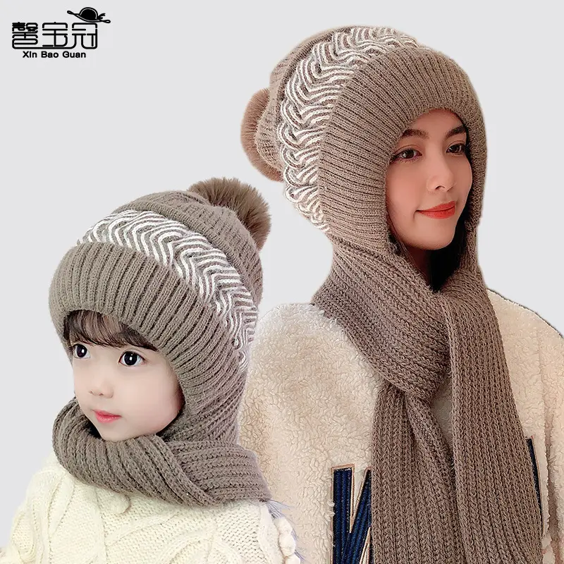 Knitted Hat Pompom Winter Beanie And Scarf All In One Yarn Parent-child Knitted Hats