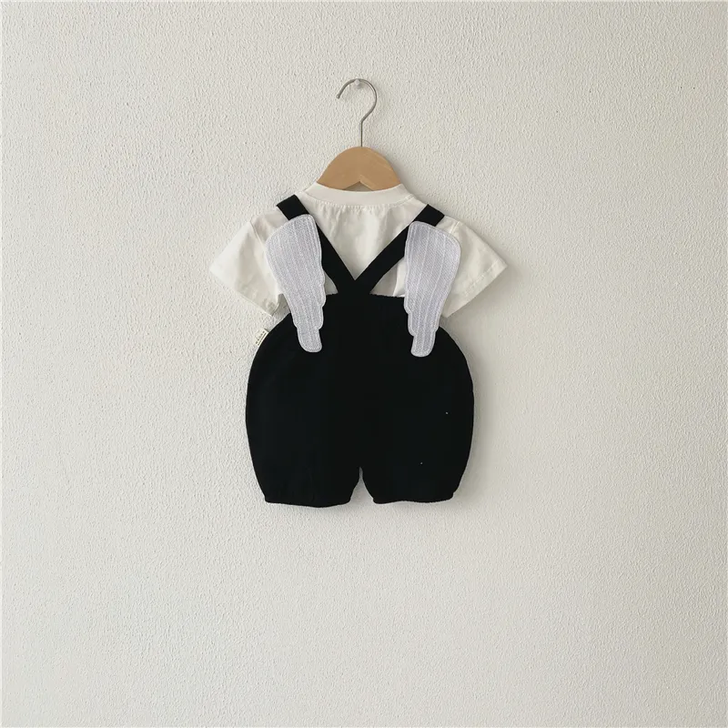Summer Baby Boys Girls Formal Outfits Set Bow Tie 2Pcs Overalls Bib Pants With Angel Wing Outfits Set