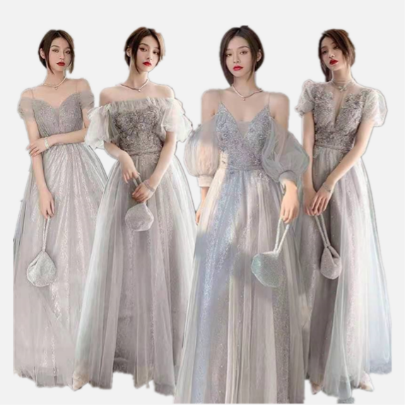 Grey Glittering Bridesmaid Wedding Dress Women Fairy 2021 Sisters Long Flare Satin Tulle Evening Dress