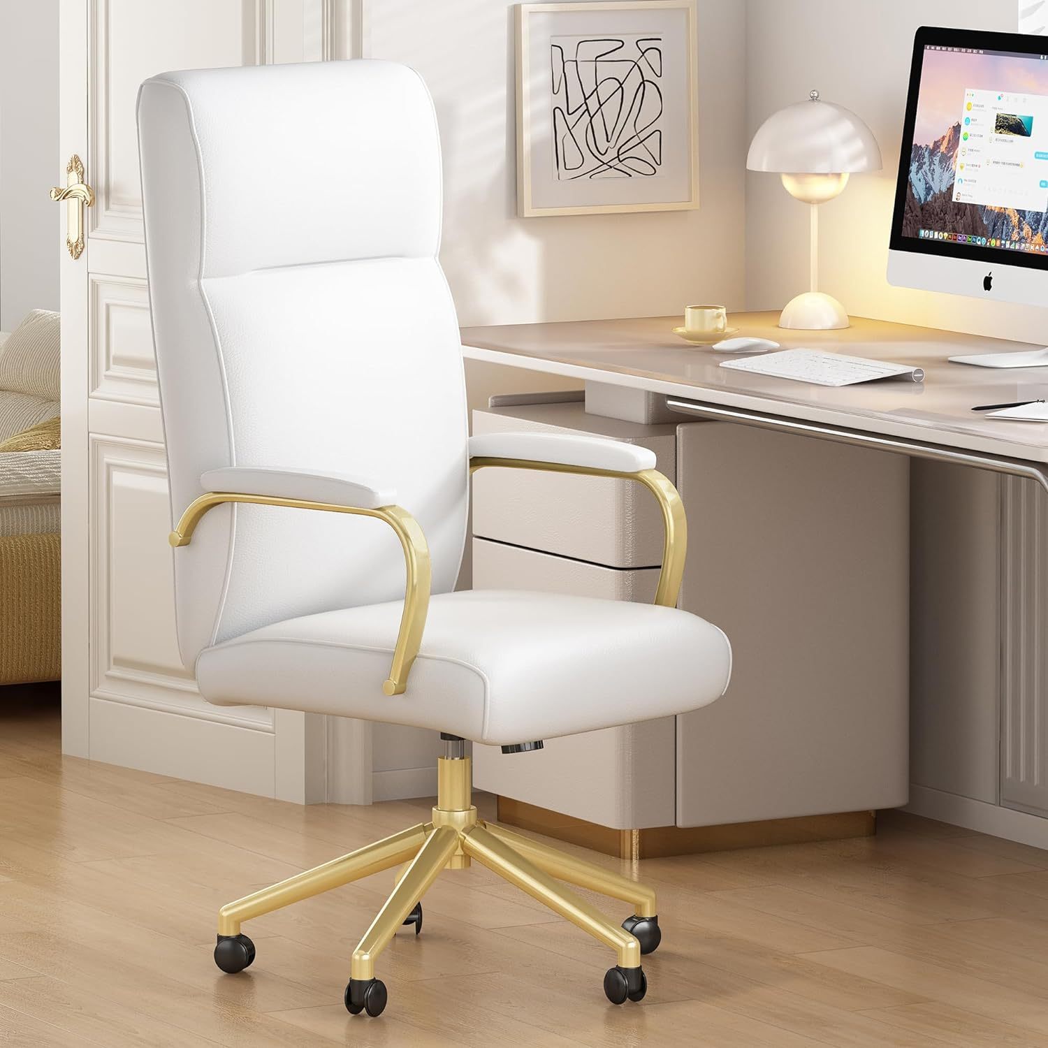Modern Desk Chair White And Gold High Back Executive Office Chair With Arms