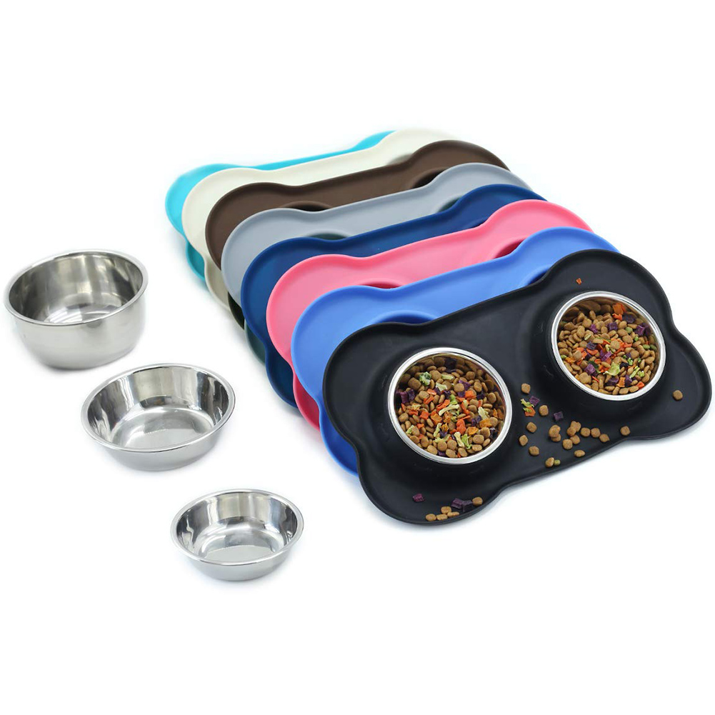 Ikitchen DIVTOP Puppy Dogs Stainless Steel Water and Food Feeder Pet Bowl Non Spill Skid Resistant Silicone Mat Double Dog Bowl
