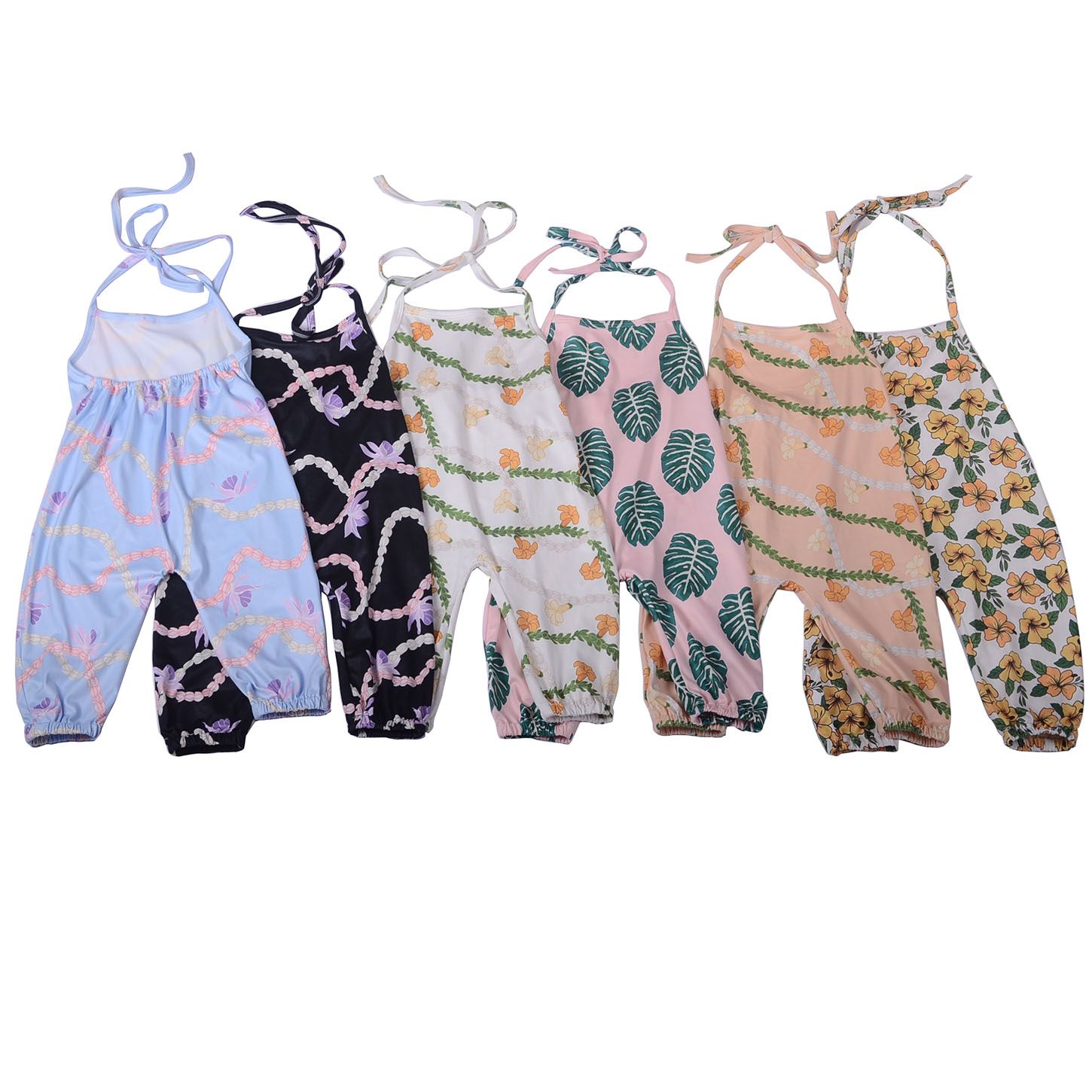 Stock baby summer hawaiian floral printed rope bubble pure cotton Leo baby adjustable straps trousers romper