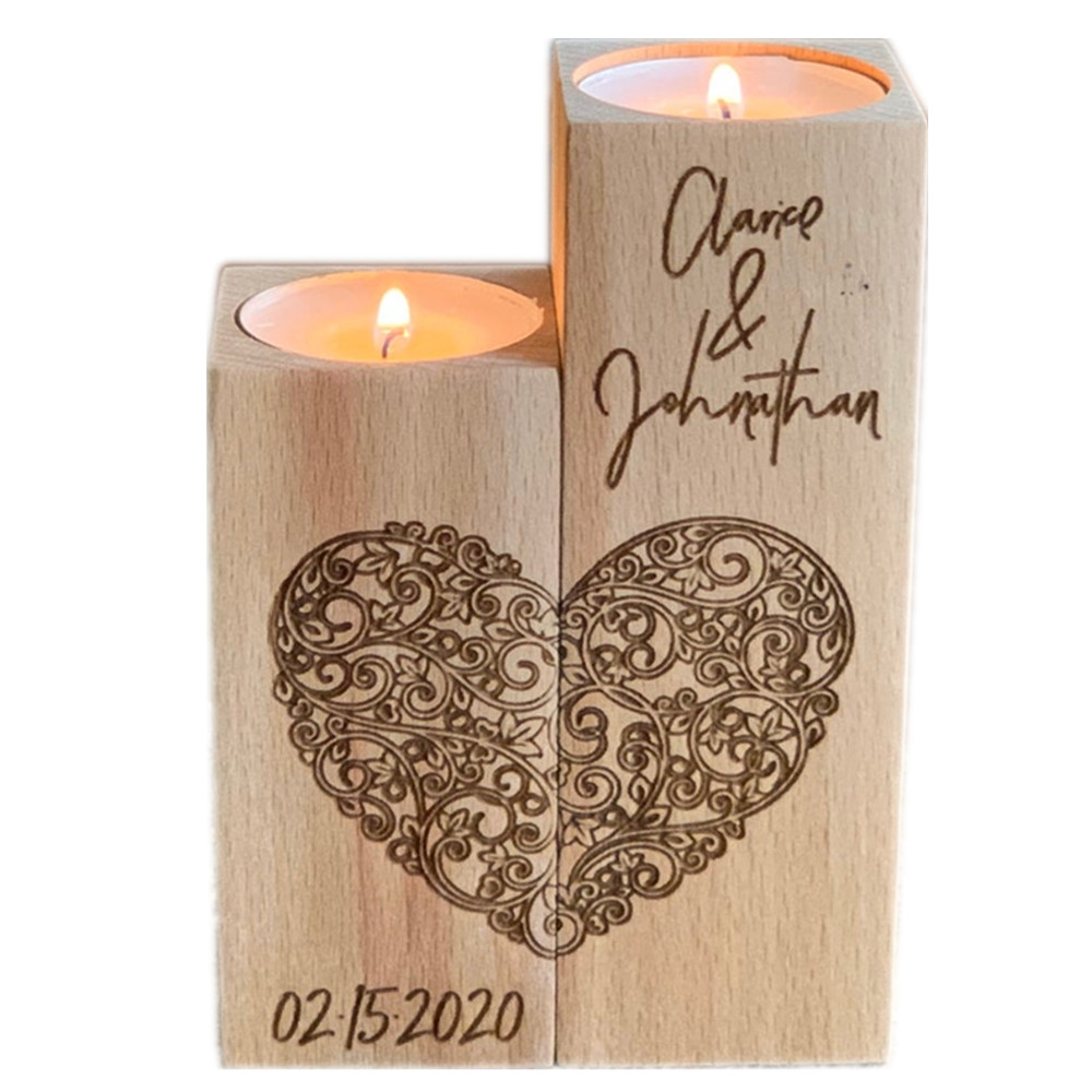 Personalized Wooden Candle Holder Heart Love Tea light Candles Wedding Save Date Valentines Day Gift Custom
