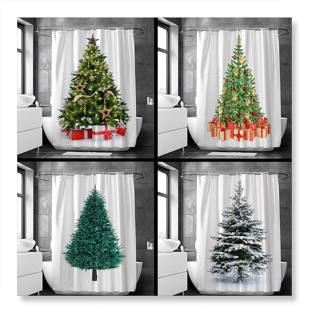 Family-Use Christmas Tree Bathroom Shower Curtain for Home Toilet Restroom Christmas Theme Curtains for Bathroom Decor