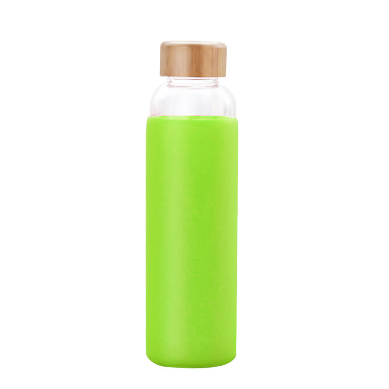 Eco friendly 15 Oz Borosilicate Glass Water Bottle with Bamboo Lid and Silicone Sleeve BPA Free