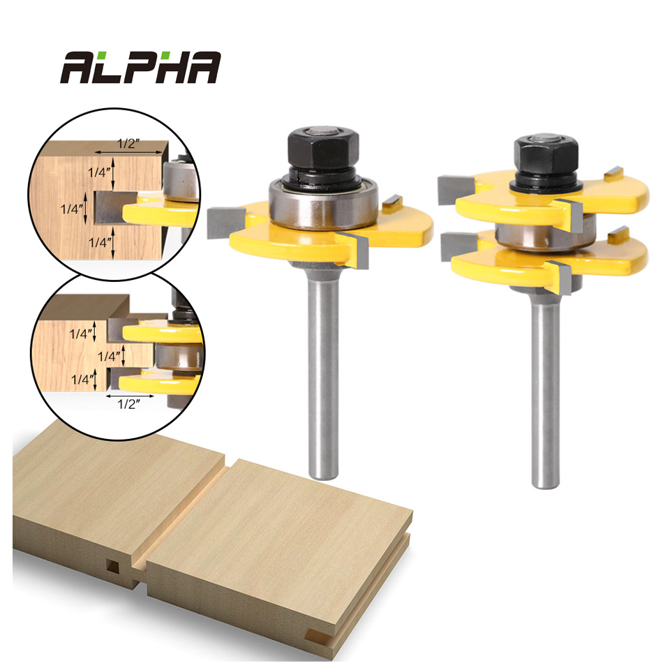 Alpha 2pcs 1/4"x 1/4"- 1/2"x 1/4"- 8mm Shank Tongue and Groove Decking Router Bit Tenon Cutter Set for Woodworking