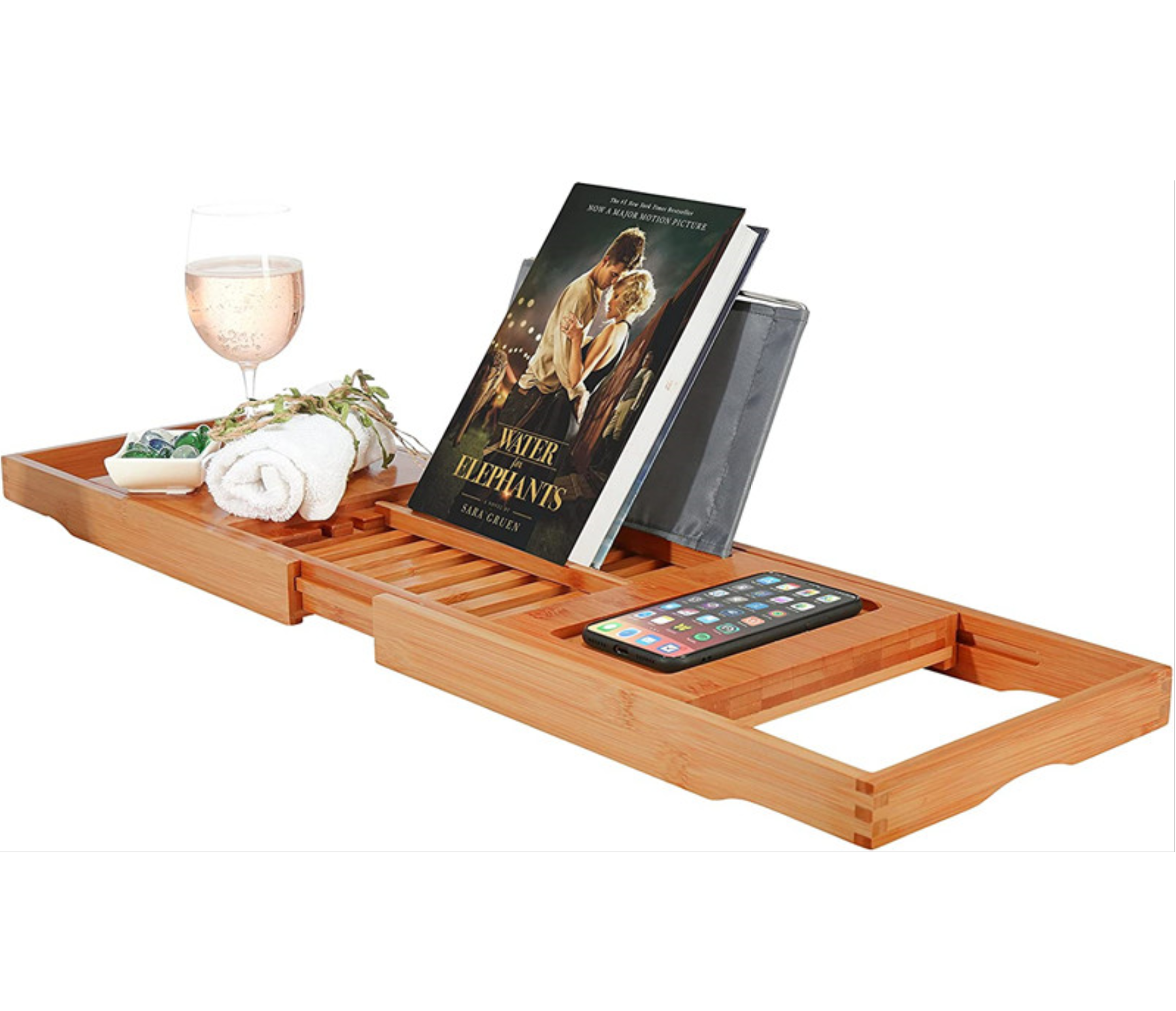 Premium Bamboo Bathtub Tray Caddy - Wood Bath Tray Expandable with Book and Wine Holder - Great Gift Idea for Loved Ones