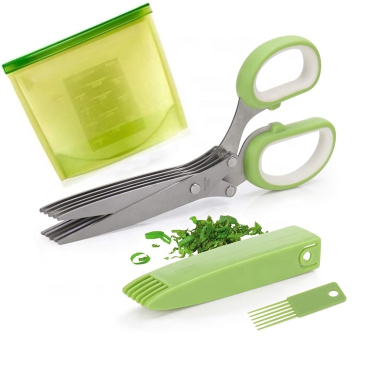 Multi-Function Home Kitchen Stainless Steel 5 Blade Scissors with Brush Silicone Food Bag Set Shears Vegetable Herb Scissors