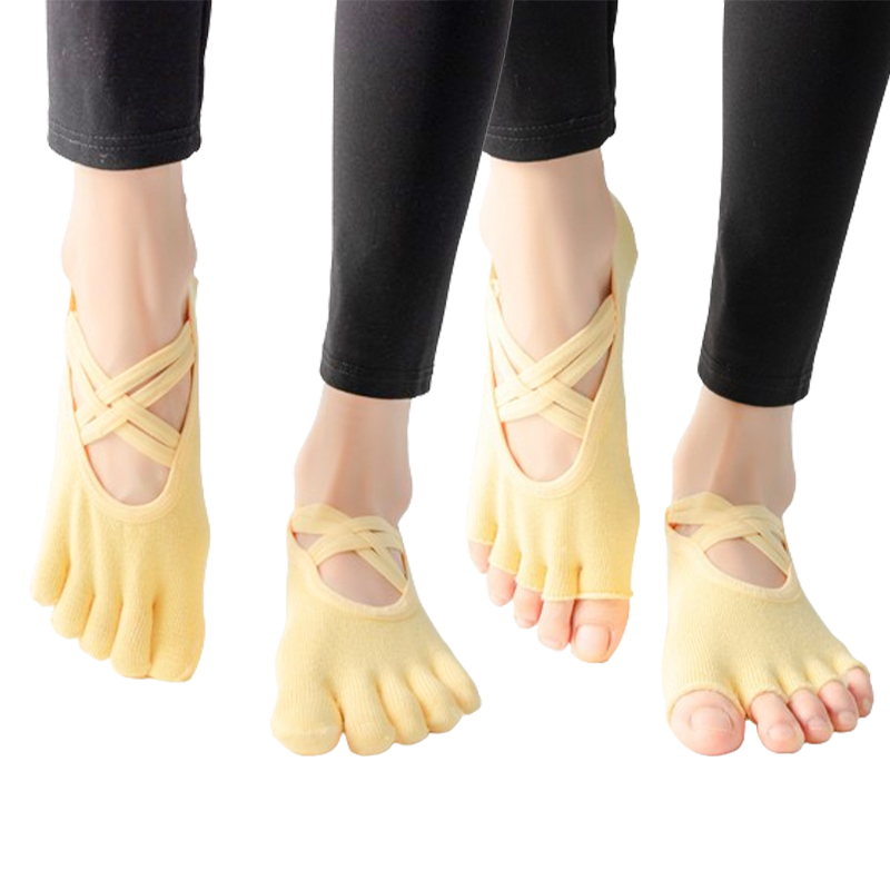 Custom logo five finger double cross band organic cotton Fixed-point womens pilates Non-slip With Grip Yoga Socks