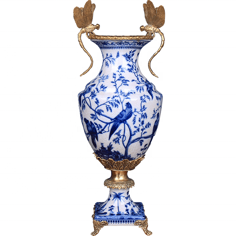 Most Popular New Design Luxury Antique Bronze Ceramic Home Decoration Brass and Blue and White Porcelain Vases