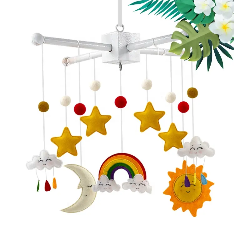 Handcraft Rainbow Design Wooden Crib Mobile Hanging Stars, Clouds, Cots Kids Room Toys Felt Baby Mobile