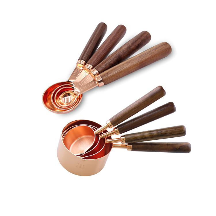 4pcs Rose Gold Walnut Wooden Handle Cooking Coffee Cake Stainless Steel Measuring Spoons Cups Set