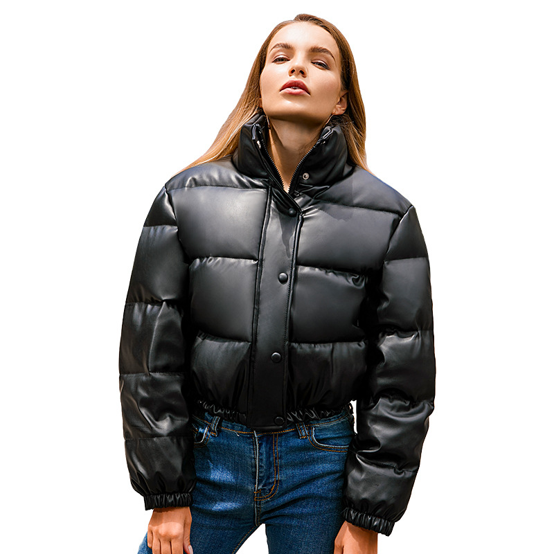 Winter Thick Warm Short Parkas Women Fashion Black PU Leather Coats Women Causal Zipper Cotton Jackets Female Ladies