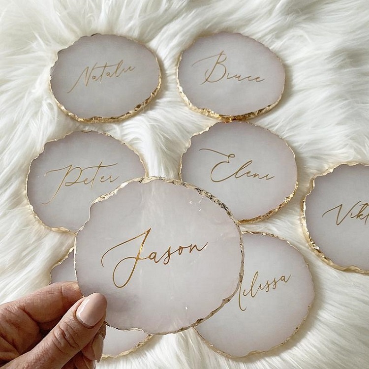 Home Tabletop Drink Natural Clear White Rose Quartz Small Large Size Crystal Stone Geode Agate Slice Coaster with Gold Trim