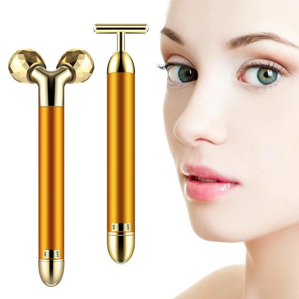 Hot Selling Hand Derma Roller Vibrating T Shape Electric Face Massage Jade Stone 3D Roller Massager for Face