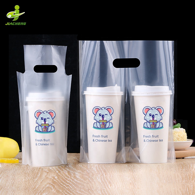 Custom Logo Print Take Away Pe Plastic Packaging Bag Coffee Bubble Tea Boba Tea Cup Carry Out Bag
