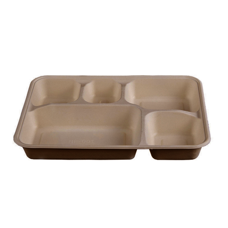Rectangle Deep 5 Compartments Brown Wheat Straw Pulp Tray