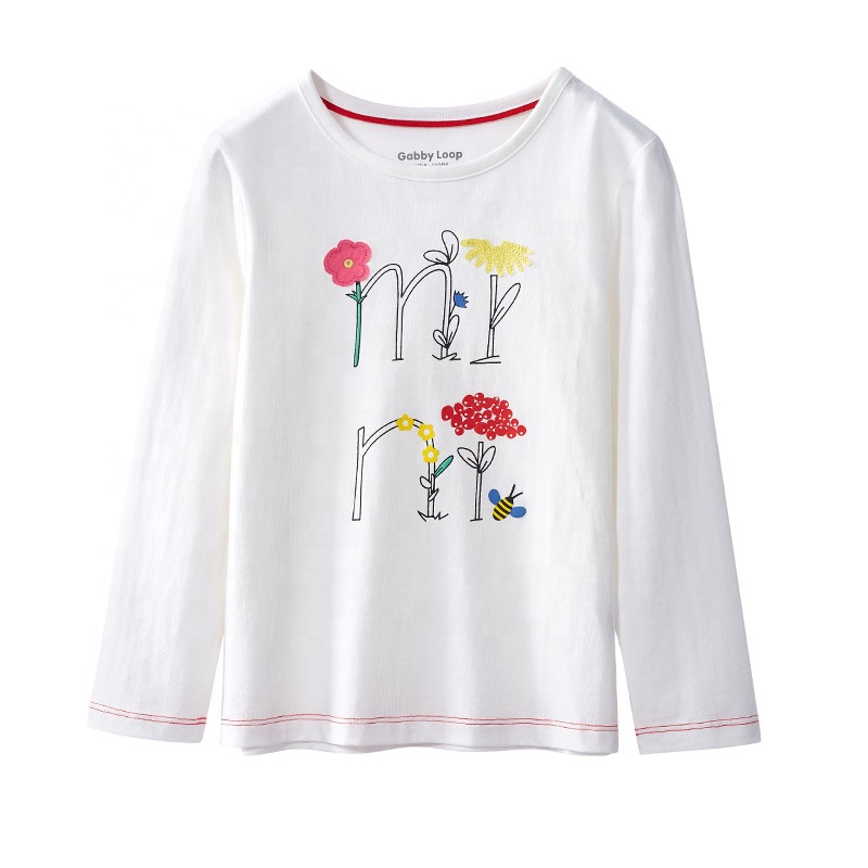Gabby Loop Kids Spring Plain White Round Neck Long Sleeve Girls T-Shirt For Children Floral Print T shirt Kids Clothes