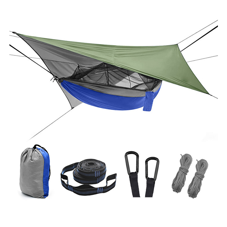 multi person outdoor parachute cloth portable hanging swing camping hammock with mosquito net and rain fly camouflage canopy set