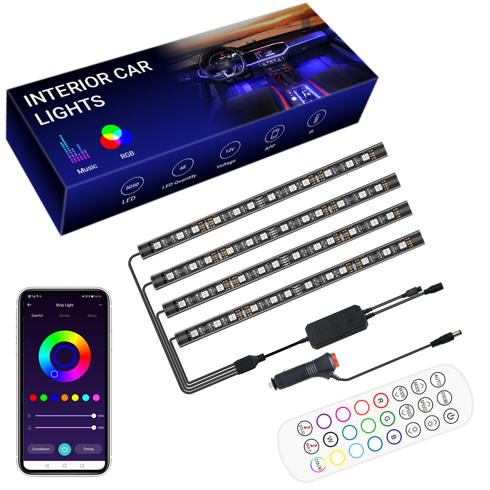 Цветная (RGB) салона автомобиля свет для автомобиля 48LED 12V многоцветный блеск света приложения и пульт дистанционного управления легко наносится для украшения интерьера автомобиля