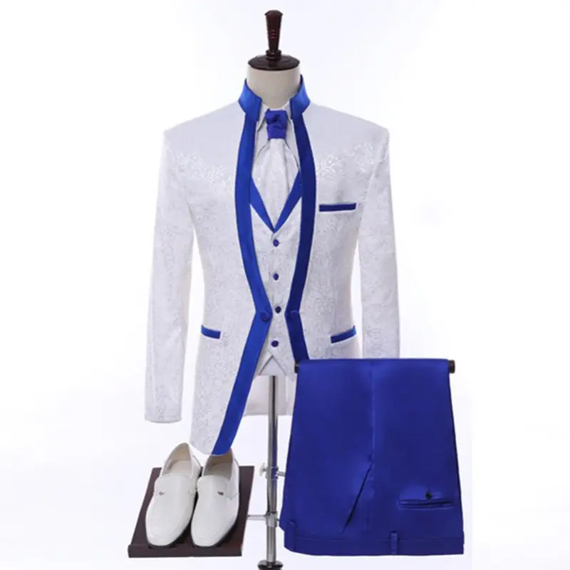 Stylish Designs Business Blazers Slim Fit Royal Navy Blue Embroidery 3 Pieces Men's Tuxedo Suit