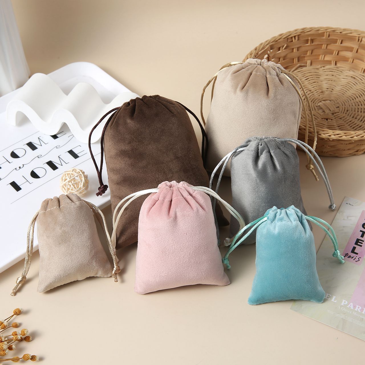 Custom Logo Printed Rose Gold Plush Velvet Drawstring Clothes Bag Luxury Storage Dust Pouch For Jewelry And Gift Packaging