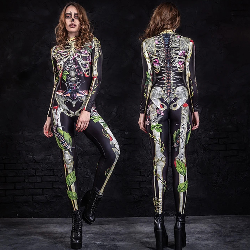 F22117A 2021 New Halloween Costume Jumpsuits Cosplay Fancy Dress Skeleton Women Clothing Jumpsuits
