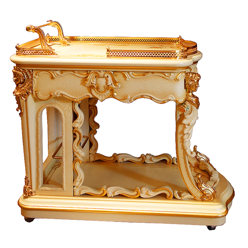 Upscale Classic Luxury French Louis Style Antique Gold and White Serving Tea Trolley Cart