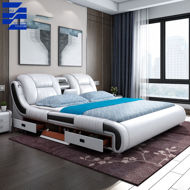 Modern King Queen Size Smart Leather Beds New Design Multifunctional Bedroom Furniture with Foldable Feature Luxury Massage Bed
