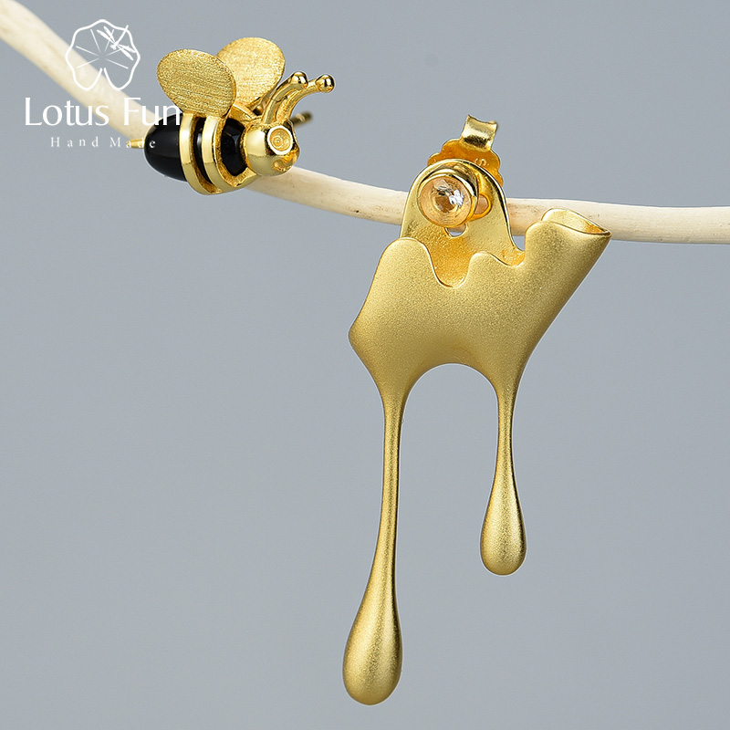 Женские асимметричные серьги-гвоздики Lotus Fun, серьги из серебра 925 пробы с Пчелкой и медом, ювелирное изделие ручного изготовления, 2020