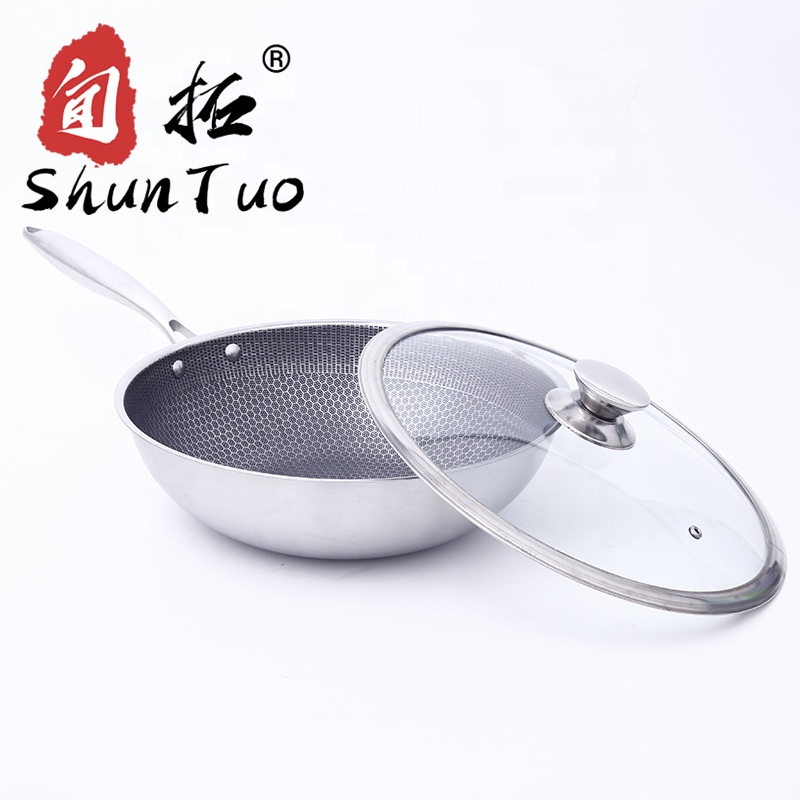 32cm Composite bottom chinese non stick frying 304 stainless steel honeycomb wok pan with cover
