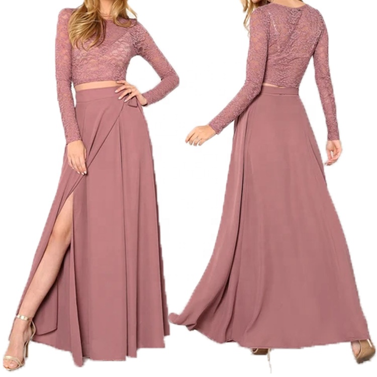 Pink Crop Lace Top & Knot Skirt Set Long Sleeve Belt Elegant 2 Two Pieces Sets Two Pieces Women Clothing