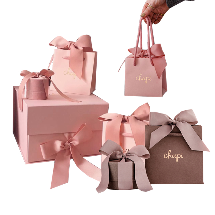 Custom Logo Printing Luxury Small Pink White Fashion Jewelry Shopping Retail Gift Paper Bags With Ribbon Handle