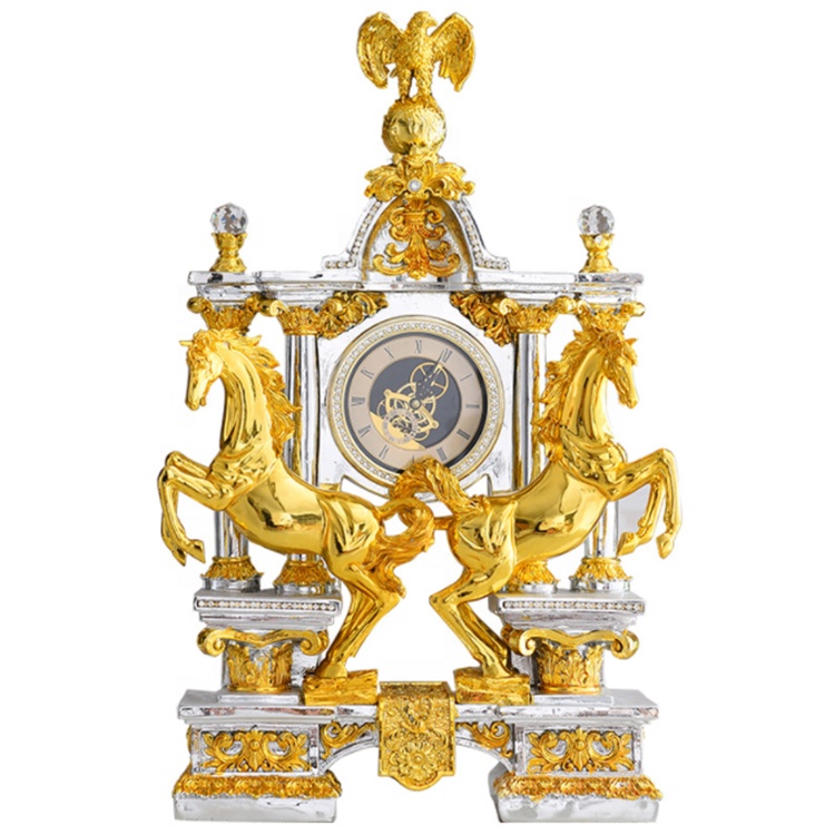 Luxury Gold Home Resin Horse Holding Clock for Table Decor