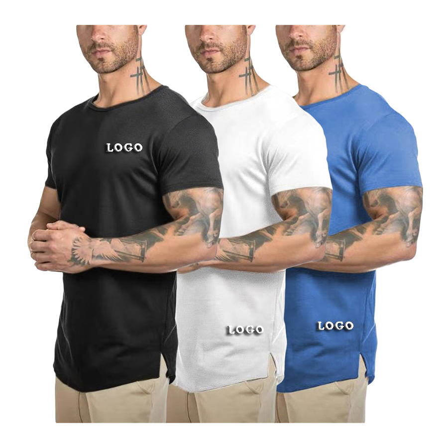 QC-07 Factory direct shipping custom logo pullover solid mens tshirt t-shirts casual trendy slit curved hem tshirt