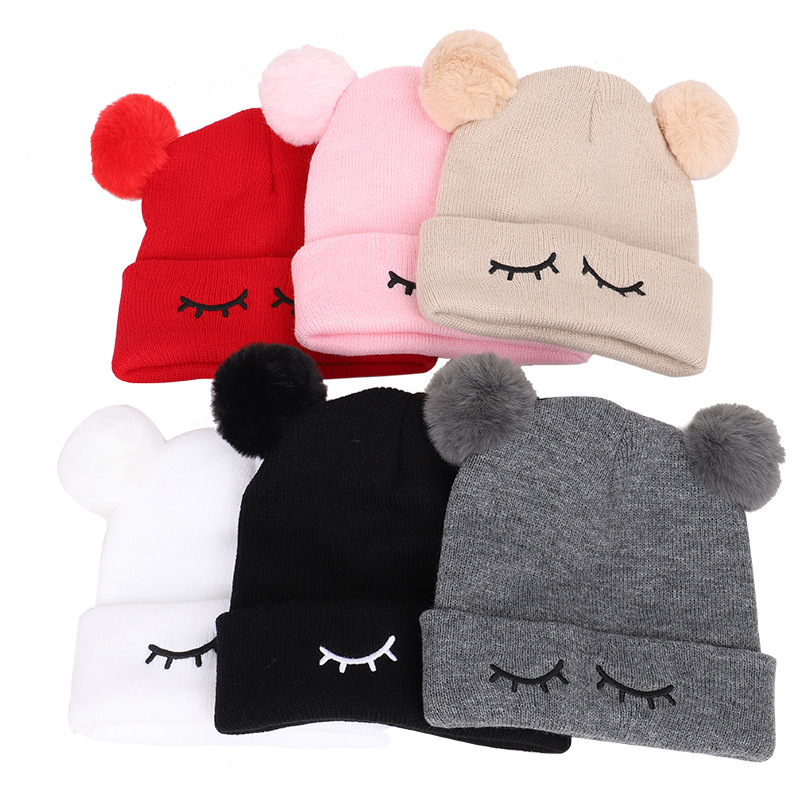 Fashion Cute Embroidery Eye Cotton Soft Comfortable Newborn Baby Pom Pom Beanie Bonnet Hat Baby