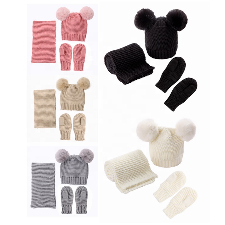 3 Pcs Set Factory Stock New Plain Solid Color Warm Children Kid Mitten Child Winter Hat Scarf Gloves Set
